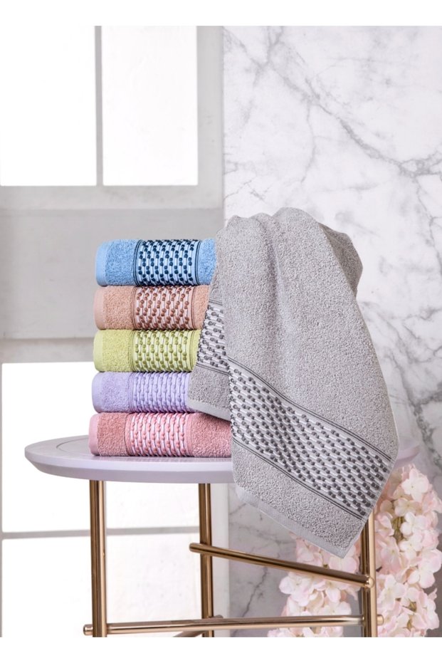 Bowknot Colored 100% Cotton Deluxe Curly Jacquard 50X90 6-Piece Hand and Face Towel Set