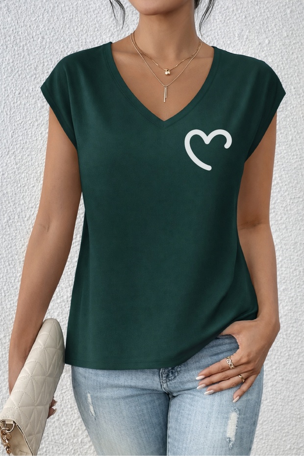Women's Half Heart Printed V-Neck Loose Oversize T-Shirt