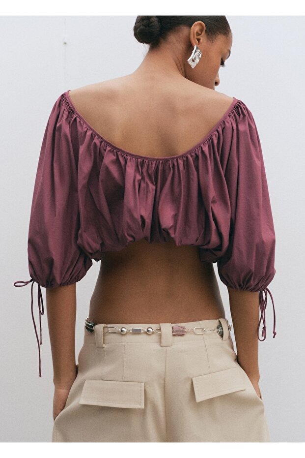 Kabarık kollu crop bluz - 4