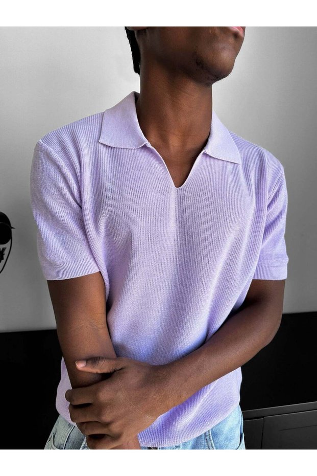Men's Italian Collar Half Oversize Knitwear T-Shirt Relaxed Fit Knitted Polo Collar T-Shirt