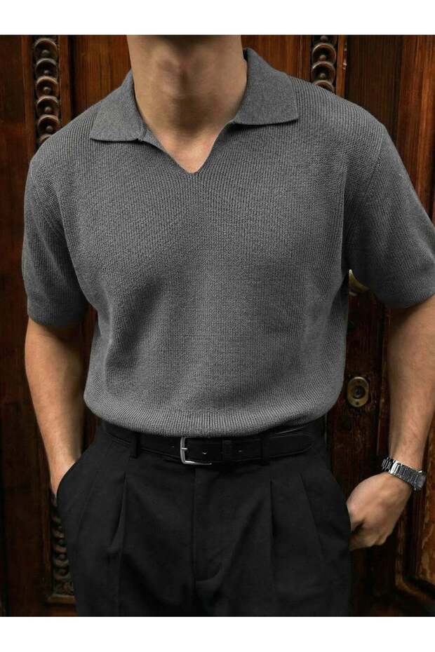 Men's Italian Collar Half Oversize Knitwear T-Shirt Relaxed Fit Knitted Polo Collar T-Shirt