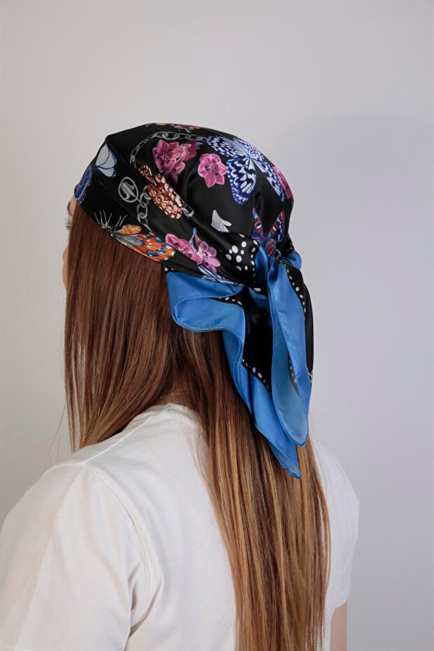 Women's Patterned Black Silky Rayon Scarf 70X70 Square