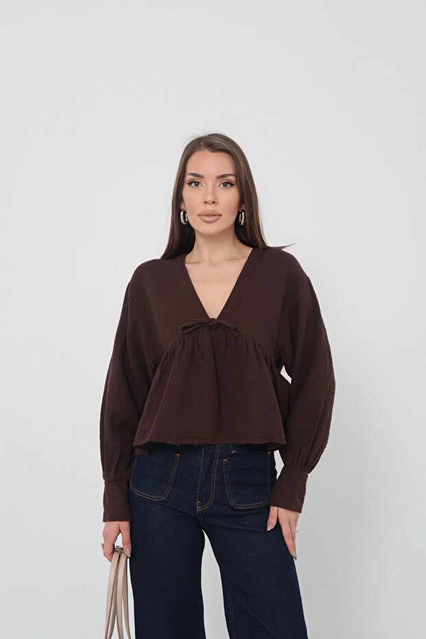 Women's Bitter Brown V-Neck Lace-Up Front Loose Long Sleeve Blouse