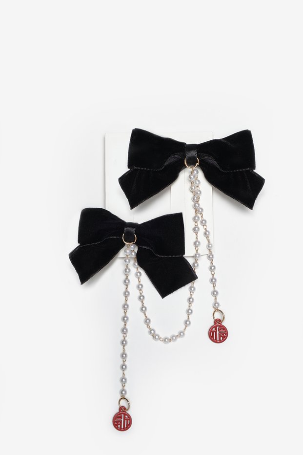 Black Velvet Pearl Detailed Double Girls' Clip Buckle