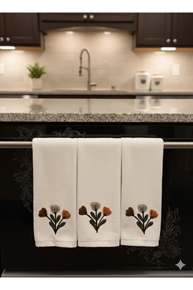 Set of 3 100% Cotton Kitchen Towels – Highly Absorbent Drying Cloth – 30X50 cm – Punch Embroidery