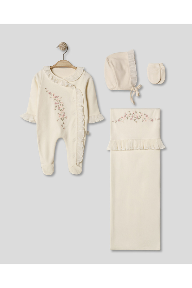 Natural Detailed 4-Piece Newborn Baby Girl Hospital Outfit 100% Cotton