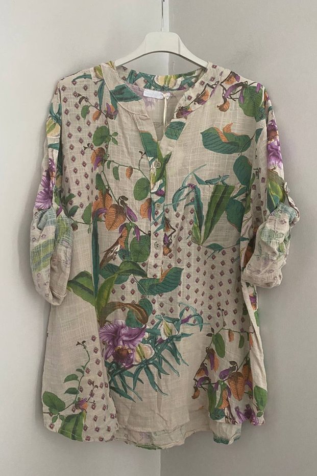 Women's Italian Beige Tile Floral Patterned Button Detailed Folded Orphan Sleeves 100% Cotton Blouse Shirt