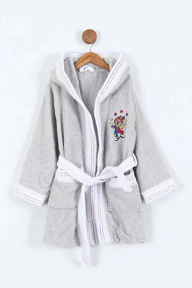 Clown Figured Embroidered Hooded Children's Bathrobe | Soft Cotton Texture | Water Absorber | Comfortable Fit