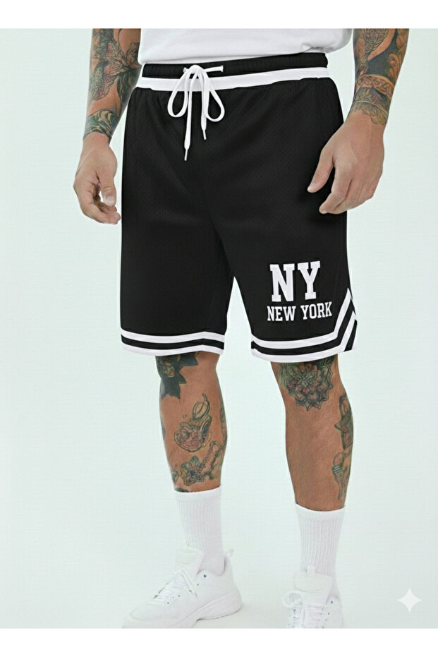 Printed Ny Design Men's Black Basketball Shorts - Retro Style Non-Grid Comfortable Fit Sports Shorts