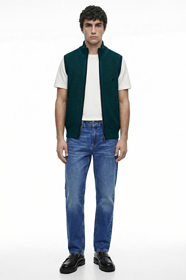 Half Fisherman Zippered Wool Knitwear Vest - Green - Navy Blue