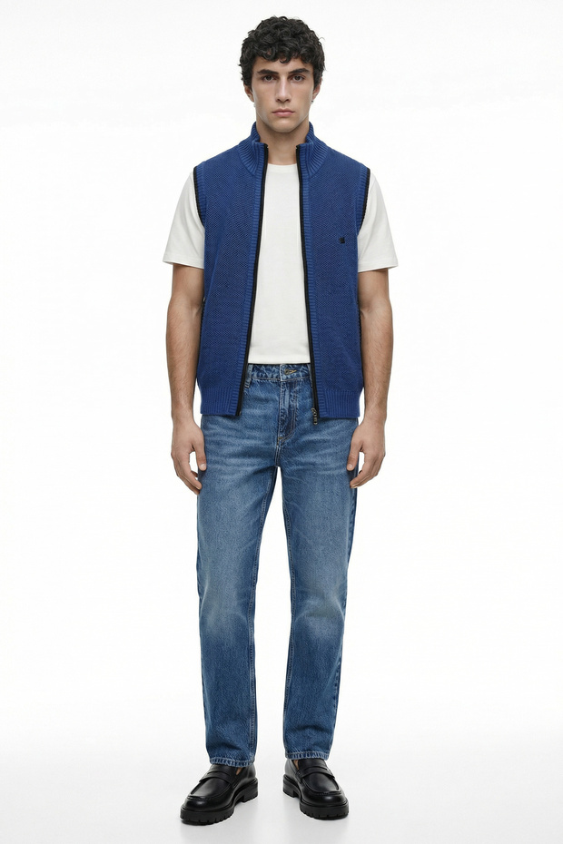 Half Fisherman Zippered Wool Knitwear Vest - Cobalt Blue - Black
