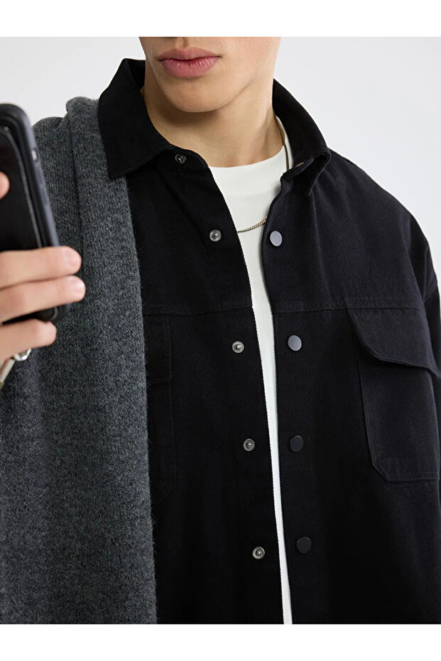 Black Loose Fit Men's Gabardine Shirt Jacket