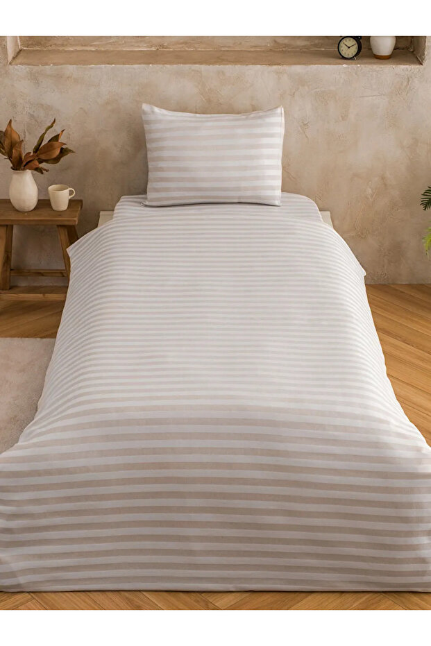 Beige striped single duvet cover set
