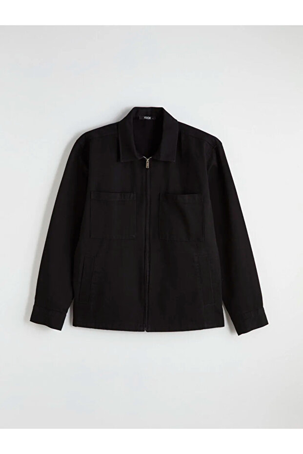 Black Loose Fit Men's Gabardine Shirt Jacket