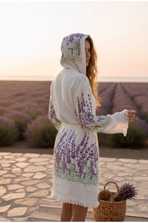 Bamboo Muslin Bathrobe Women's Lavender Patterned Beach Bathrobe Hooded Bohemian Dressing Gown Pareo Dress