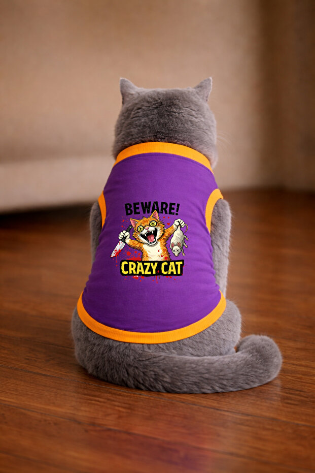 Purple Crazy Cat Printed Cat Tshirt Size XL Cat Clothing (100% Cotton Combed)