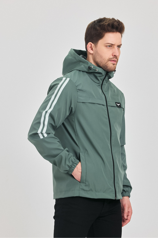 Men's Smoked Green Water and Wind Resistant Hooded Raincoat Windbreaker