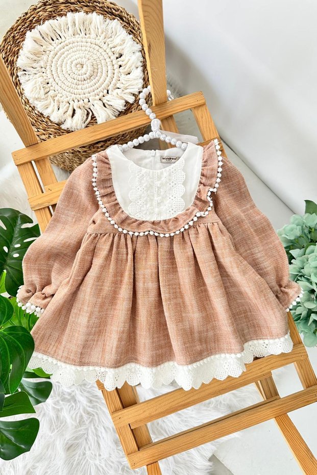 My Little One's Clothes (9-24 Months) Vintage Lace Collar Cotton Ruffle Detailed Baby Girl Dress - Camel