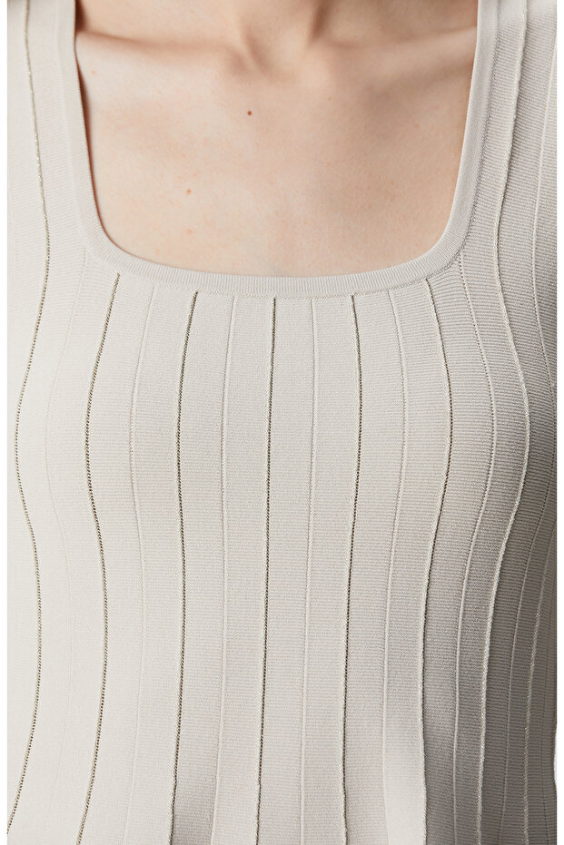 Bej Volanlı Mini Triko Elbise - 7