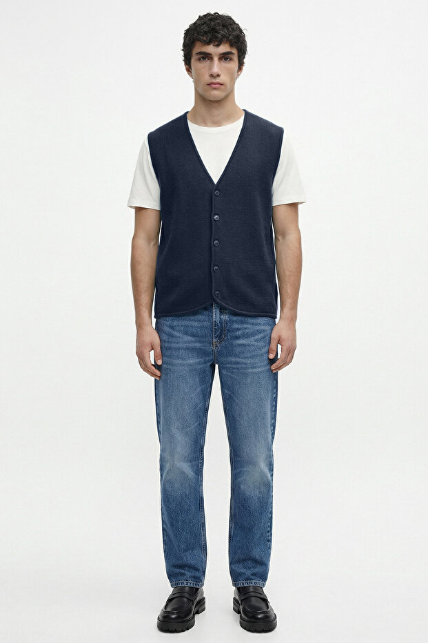 Classic V-Neck Knitwear Vest - Navy Blue - Claret Red