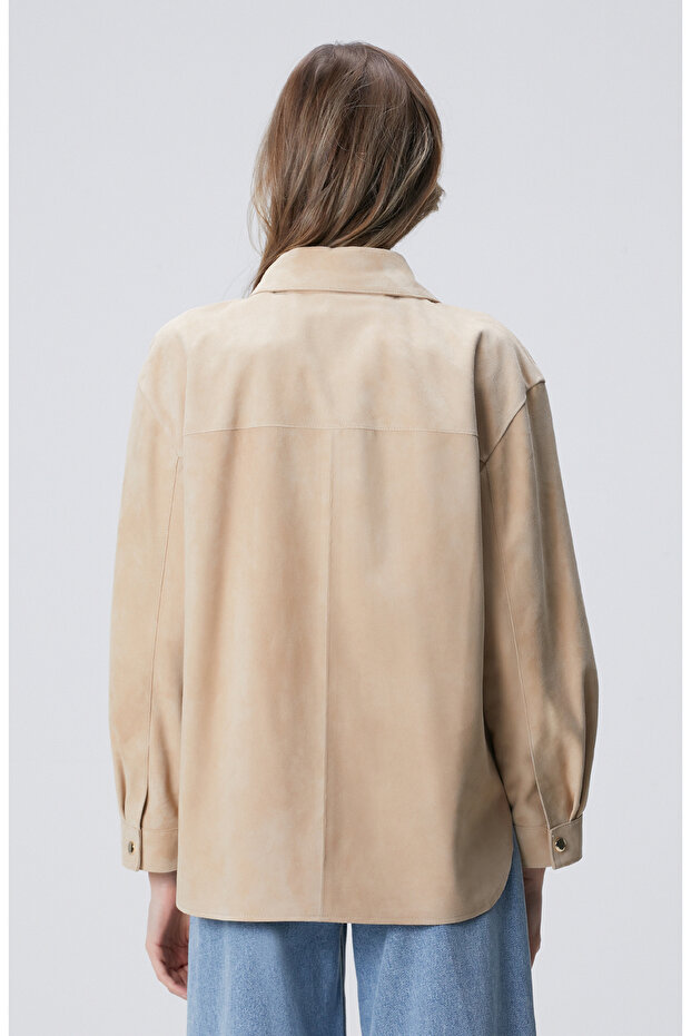 Bej Cep Detaylı Süet Gömlek - 5