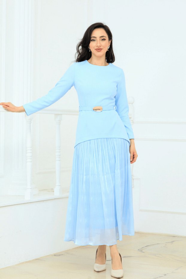 Üst Atlas Alt Chiffon Long Dress - Baby Blue
