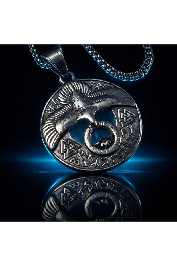 Antique Silver Stainless Steel Norse Design Viking Raven & Valknut Pendant