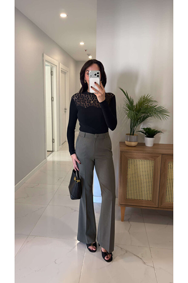 Terins Haki İspanyol Paça Pantolon - 1