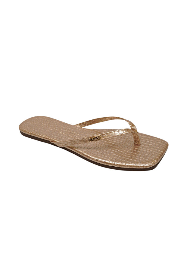 Women's Square Toe Crocodile Flip-Flops with Gold Logo, Stylish Daily Slippers