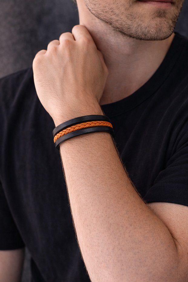 Orange Black Genuine Leather Men's Bracelet – Double Layer Contrast Design-1355