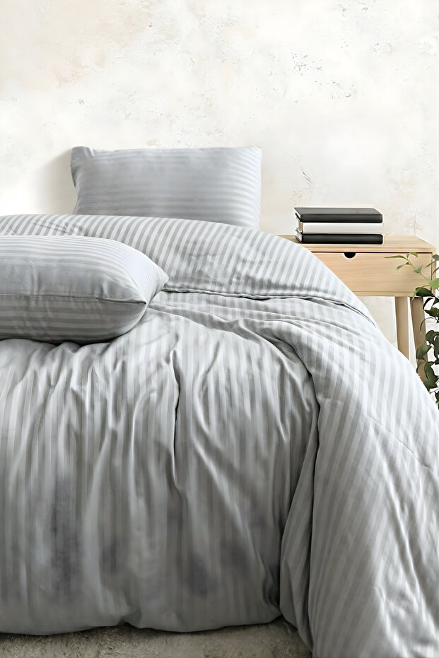 Double Cotton - Satin 210 Tc (83 Thread) Striped Duvet Cover Set Gray