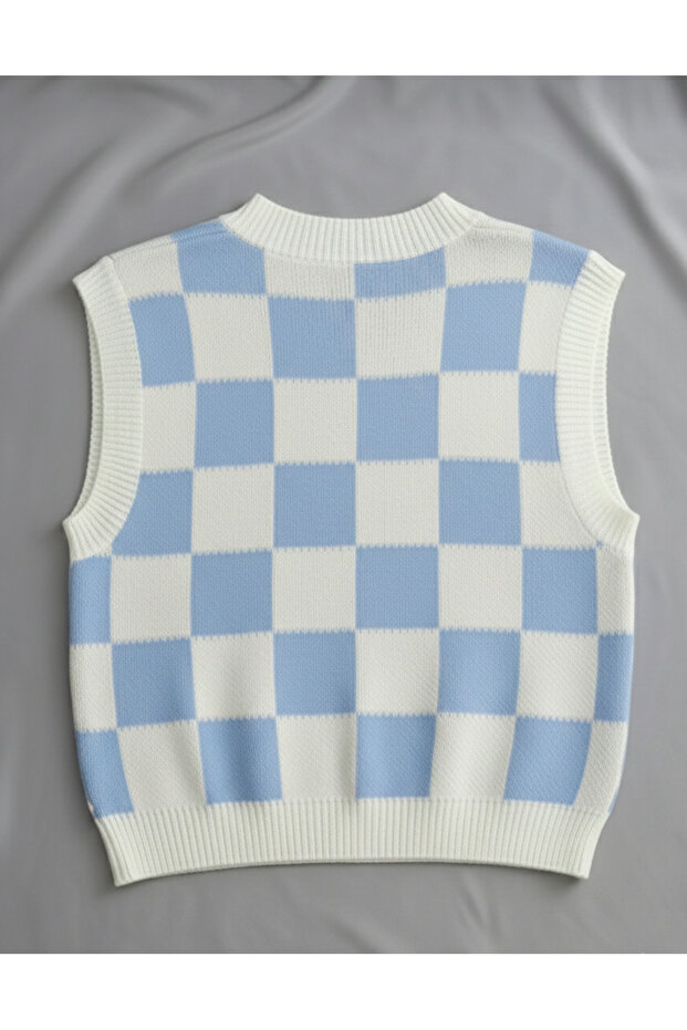 Women's Baby Blue Square Patterned Oversize Knitwear Sweater