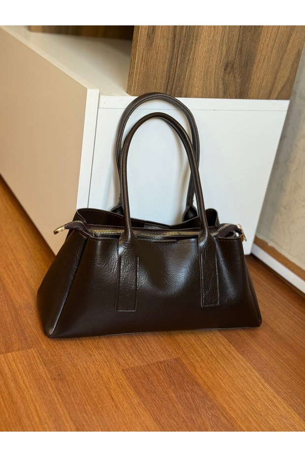 Faux Leather Three-Compartment Women's Hand and Shoulder Bag