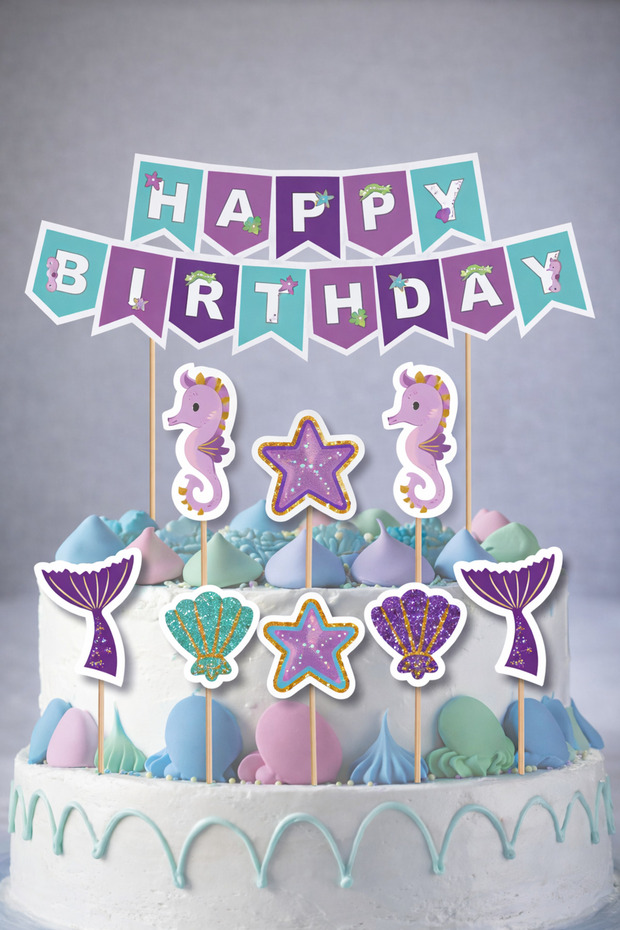 Mermaid Cake and Cupcake Decoration Set – Happy Birthday Mermaid Themed Cake Topper Decoration