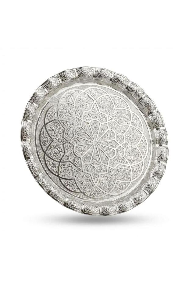 صينية تقديم فضية مستديرة منقوشة 35 سم - 2