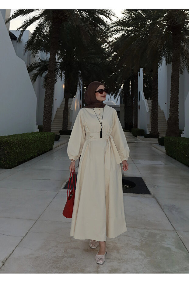 2349 DÜĞMELİ ELBİSE Vanilya - 2