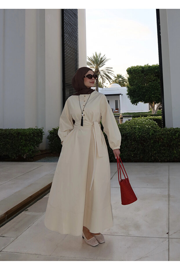 2349 DÜĞMELİ ELBİSE Vanilya - 3