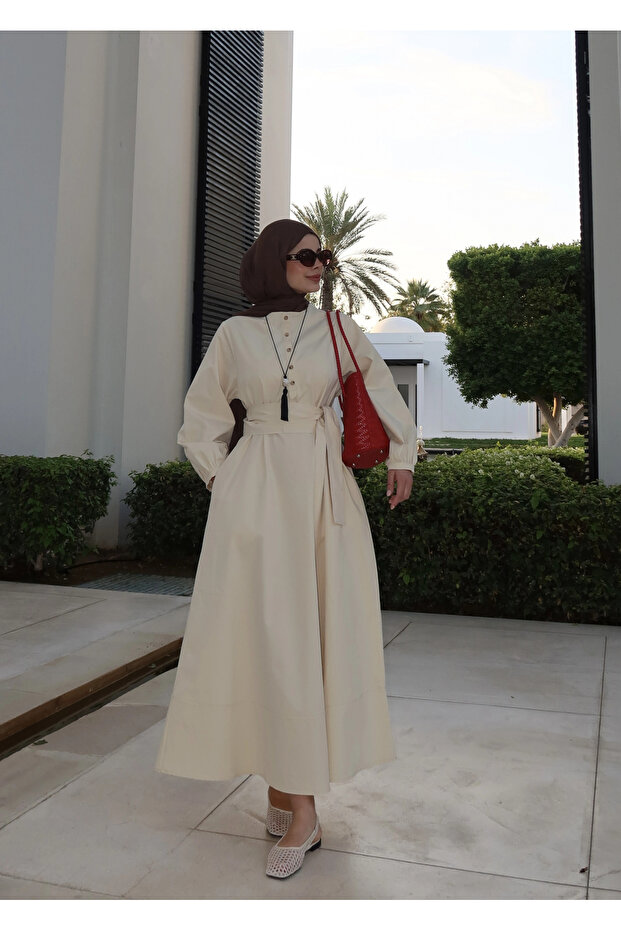 2349 DÜĞMELİ ELBİSE Vanilya - 6