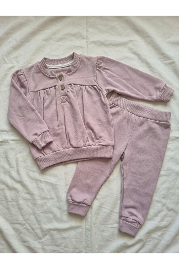 Girl's Buttoned Crew Neck Cotton Flexible Tok Fabric Double Set