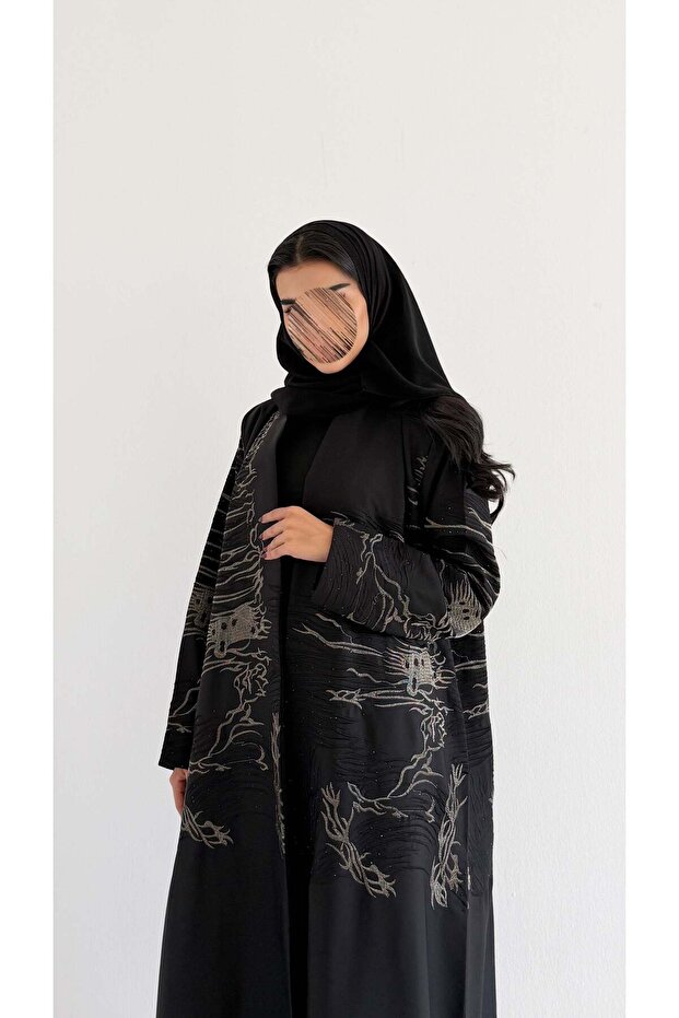 MWT1094 - عبايه اسود بتطريز واضافه لمعه - 1