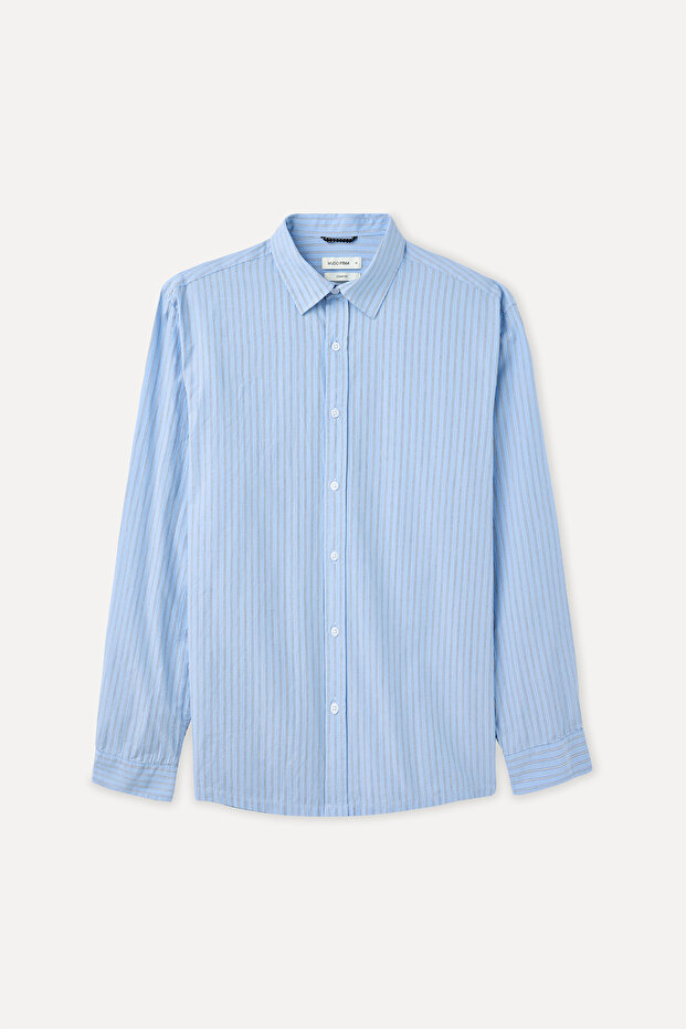 Men's Blue Striped Comfort Fit Long Sleeve Shirt