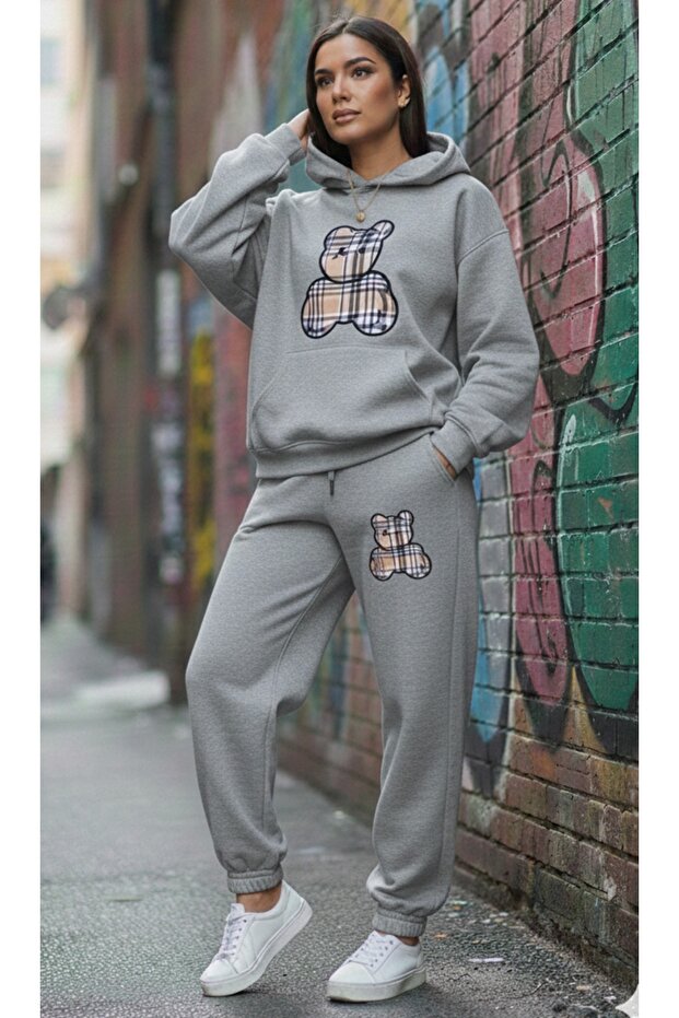 Women's Printed Hooded Top and Bottom Oversize Black/Grey Tracksuit Set