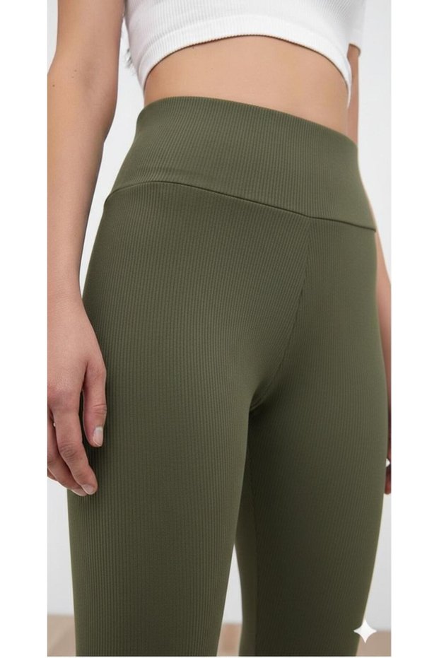 Ribbed, Fleece-Lined, Winter High-Waist Slimming Leggings, Khaki Color