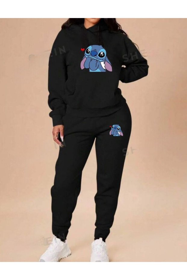 Women Stitch Printed Tracksuit Set with Hood