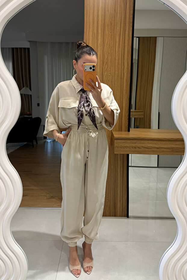 Bielle Bej Atlı Lastikli Pantolon - 2