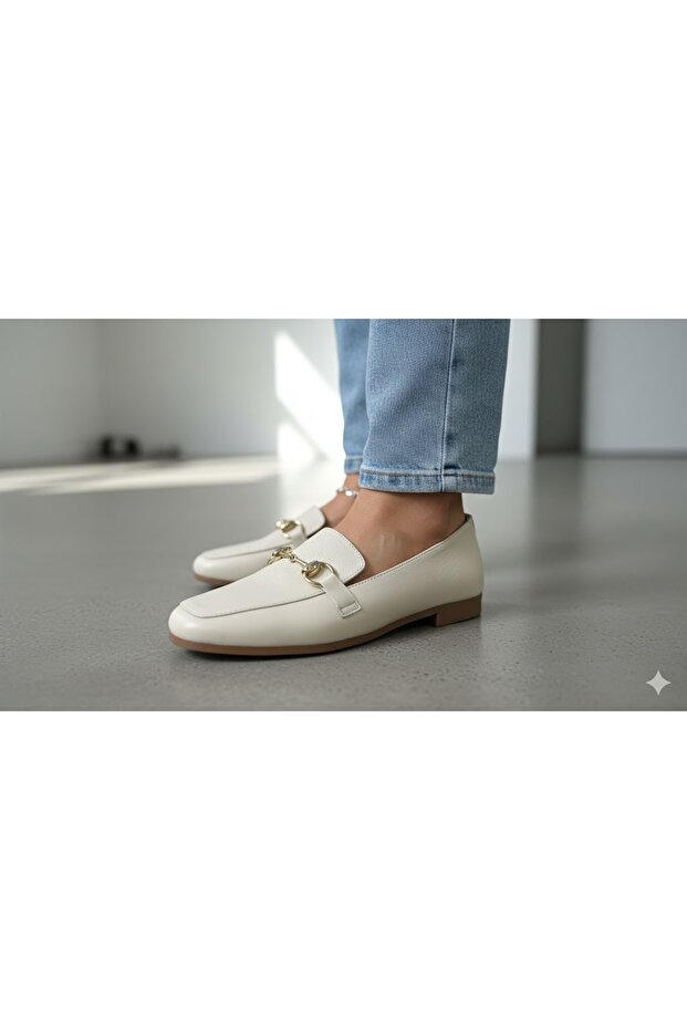 (Kırcalı) Genuine Leather Inside and Outside Casual Women's Shoes Beige