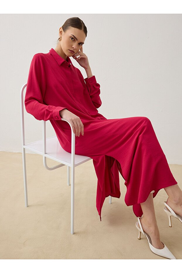 قميص طويل بياقة على شكل قميص - لون الكرز -