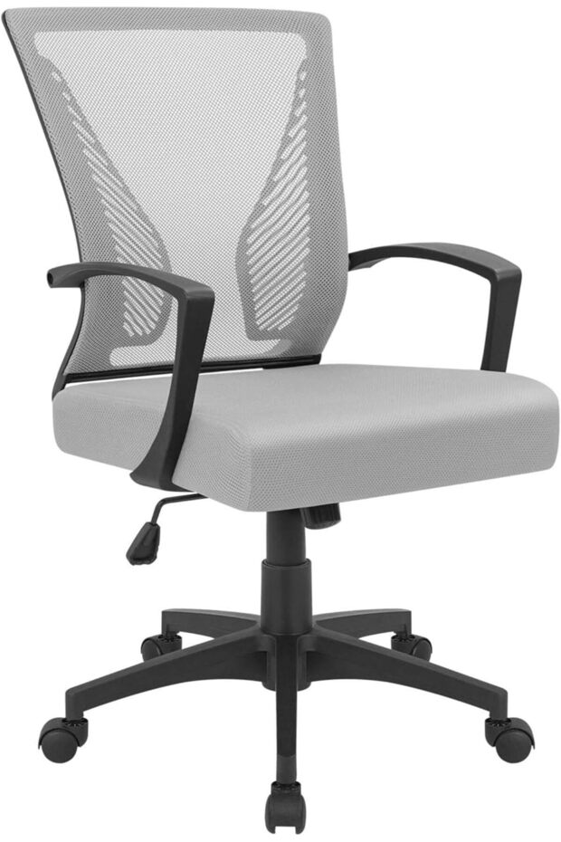 Furmax Ribbed Mid Back Office Chair, PU Leather, Adjustable Swivel - Grey