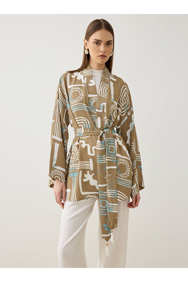 Linen Fabric Belted Kimono - Mink Geometric Pattern - - 2