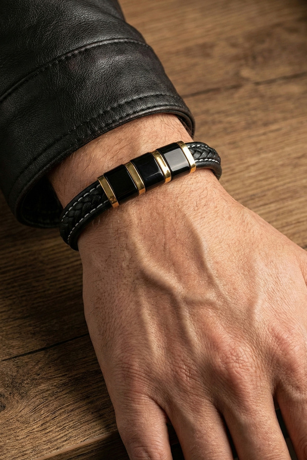 Men's Leather Bracelet Black Hair Braid Leather Steel Lock Bracelet with Yellow Gold Steel Detail